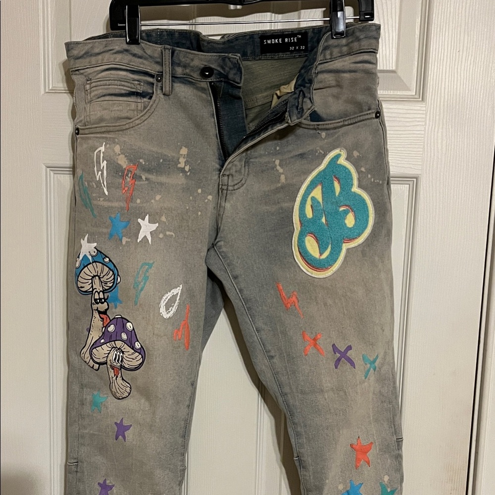 Smoke Rise Gray Skinny Jeans with Colorful Graphics